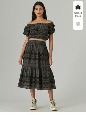 Lucky Brand Washed Black Eyelet Tiered Midi Skirt